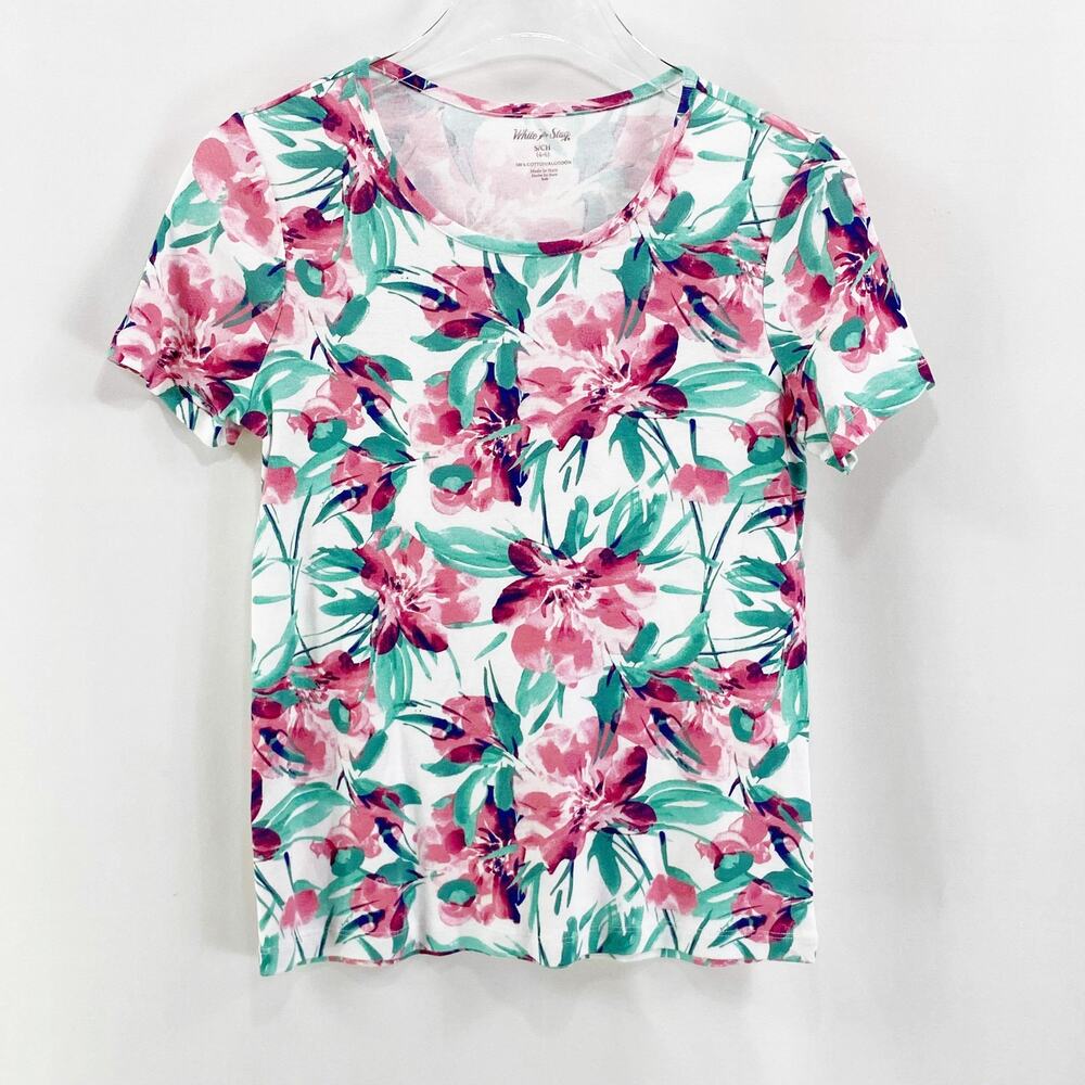 WHITE STAG White Water Color Floral Cotton Short Sleeve Top - Picture 1 of 9